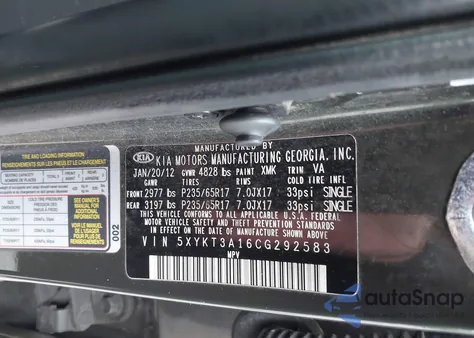 2012 Kia Sorento Lx из США, поврежденный, VIN 5XYKT3A16CG292583